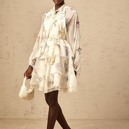Pasqualina White Floral Chiffon Mini Dress with Tie-Front and Puff Sleeves