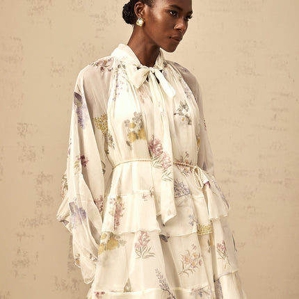 Pasqualina White Floral Chiffon Mini Dress Ribbon Tie Front Tie Neck Puff Sleeves Elasticated Cuffs