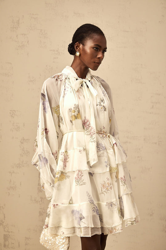 Pasqualina White Floral Chiffon Mini Dress Ribbon Tie Front Tie Neck Puff Sleeves Elasticated Cuffs