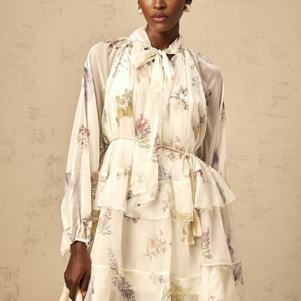 Pasqualina White Floral Chiffon Mini Dress with Ribbon Tie-Front and Tie-Neck Detailing