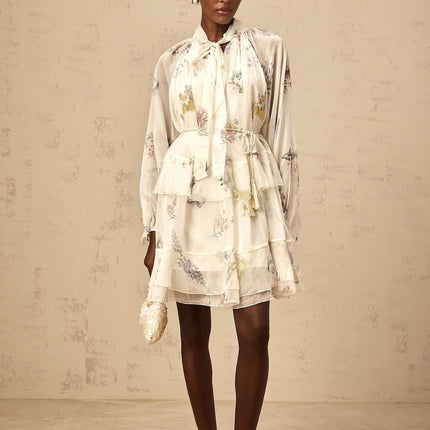 Pasqualina White Floral Chiffon Mini Dress with Ribbon Tie-Front and Tie-Neck Detailing