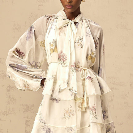 Pasqualina White Floral Tiered Mini Dress with Ribbon Tie-Front and Tie-Neck Detailing