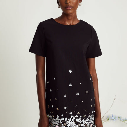 Pasquina Black Crystal Embellished Mini Dress with Round Neck and Short Sleeves