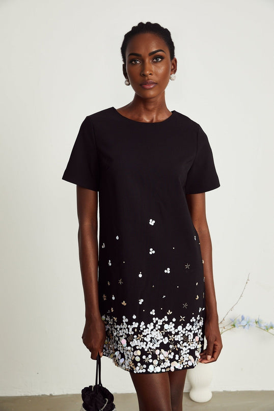 Pasquina Black Crystal Embellished Mini Dress with Round Neck and Short Sleeves