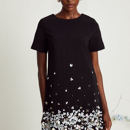 Pasquina Black Crystal Embellished Mini Dress with Round Neck and Short Sleeves