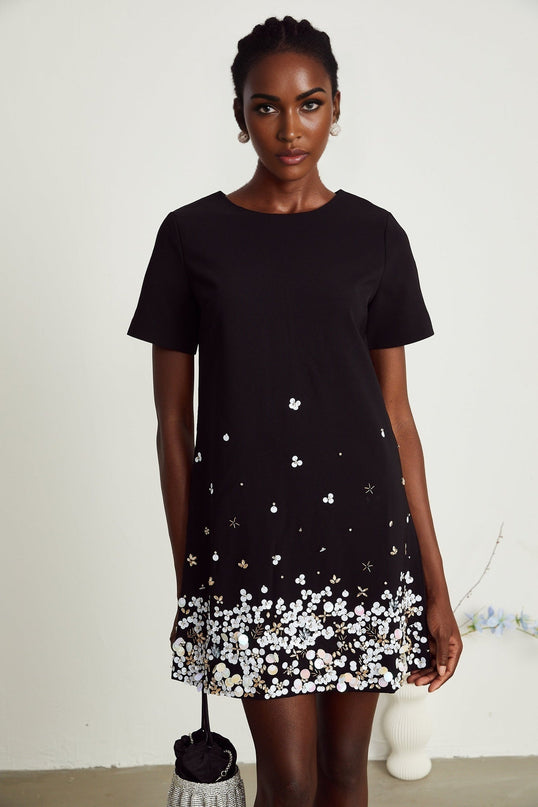 Pasquina Black Crystal Embellished Mini Dress with Round Neck and Short Sleeves