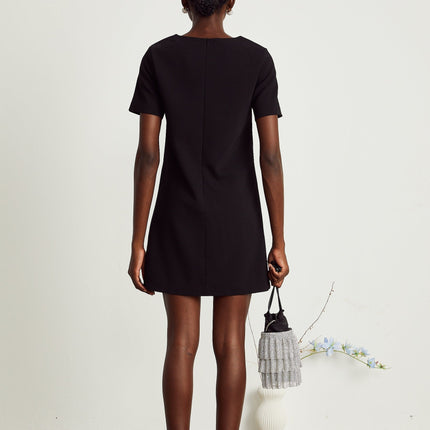 Pasquina Black Crystal Embellished Mini Dress with Round Neck and Short Sleeves