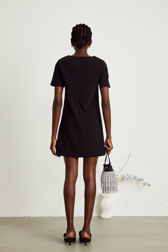 Pasquina Black Crystal Embellished Mini Dress with Round Neck and Short Sleeves