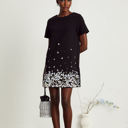 Pasquina Black Crystal Embellished Mini Dress with Round Neck and Short Sleeves