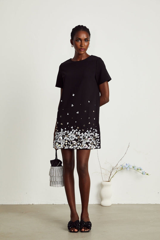 Pasquina Black Crystal Embellished Mini Dress with Round Neck and Short Sleeves
