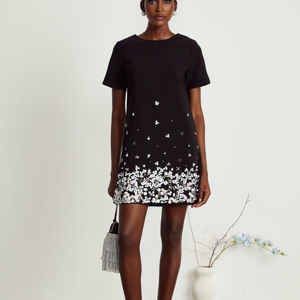 Pasquina Black Crystal Embellished Mini Dress with Round Neck and Short Sleeves