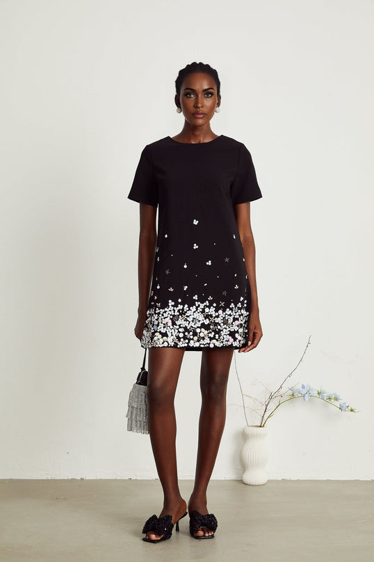 Pasquina Black Crystal Embellished Mini Dress with Round Neck and Short Sleeves