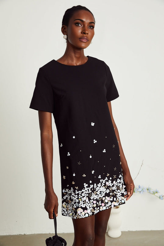 Pasquina Black Mini Dress with Crystal Embellishments
