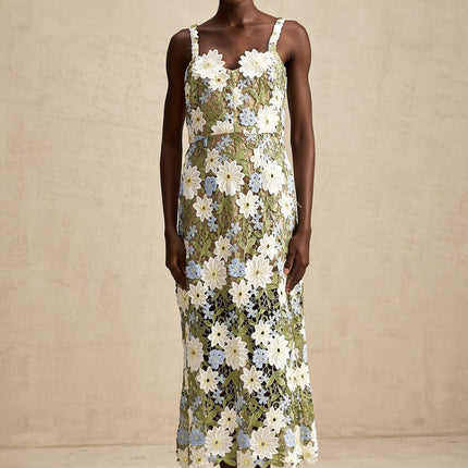 Pasquina Green Floral Midi Dress 100% Terylene Sweetheart Neckline Embroidery Detailing Hollow-Carved Design Sophistication Charm Elegance Luxury Grace