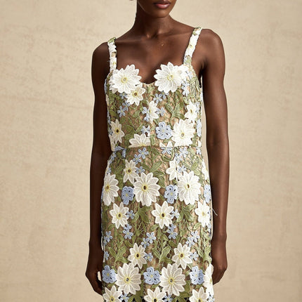 Pasquina Green Floral Midi Dress 100% Terylene Sweetheart Neckline Embroidery Detailing Hollow-Carved Design Sophistication Charm Elegance Artistry Luxury Soirée Special Event Glamour Grace