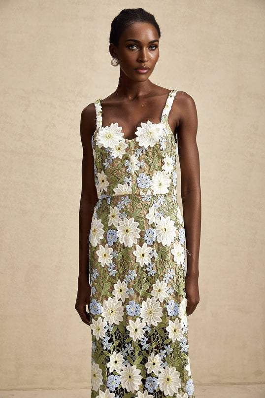 Pasquina Green Floral Midi Dress 100% Terylene Sweetheart Neckline Embroidery Detailing Hollow-Carved Design Sophistication Charm Elegance Artistry Luxury Soirée Special Event Glamour Grace