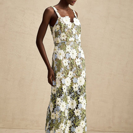 Pasquina Green Floral Midi Dress 100% Terylene Sweetheart Neckline Faux-Flower Embellishments Embroidery Detailing Hollow-Carved Design Midi Length Sophistication Charm Elegance Artistry Luxury Soirée Special Event Glamour Grace