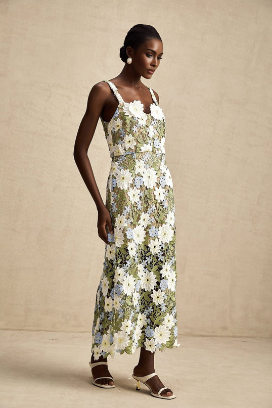 Pasquina Green Floral Midi Dress 100% Terylene Sweetheart Neckline Faux-Flower Embellishments Embroidery Detailing Hollow-Carved Design Midi Length Sophistication Charm Elegance Artistry Luxury Soirée Special Event Glamour Grace