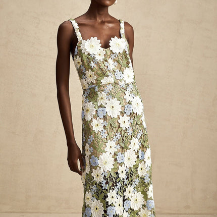 Pasquina Green Floral Midi Dress 100% Terylene Sweetheart Neckline Embroidery Detailing Hollow-Carved Design Sophistication Charm Elegance Luxury Grace Artistry Glamour Soirée Special Event