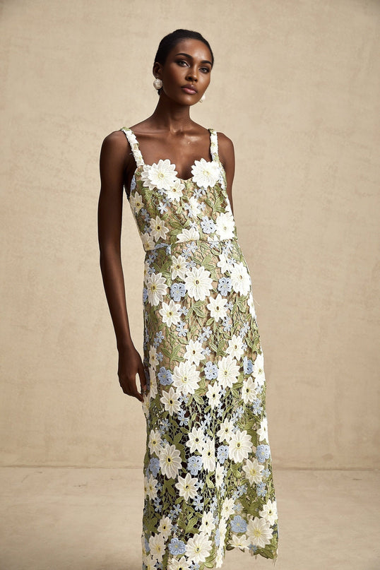 Pasquina Green Floral Midi Dress 100% Terylene Sweetheart Neckline Embroidery Detailing Hollow-Carved Design Sophistication Charm Elegance Luxury Grace Artistry Glamour Soirée Special Event