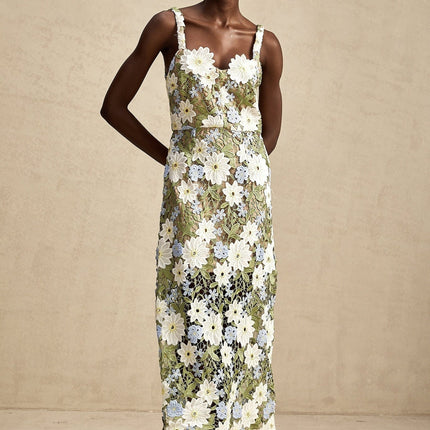 Pasquina Green Floral Midi Dress 100% Terylene Sweetheart Neckline Faux-Flower Embellishments Embroidery Detailing Hollow-Carved Design Midi Length Sophistication Charm Elegance Artistry Luxury Soirée Special Event Glamour Grace
