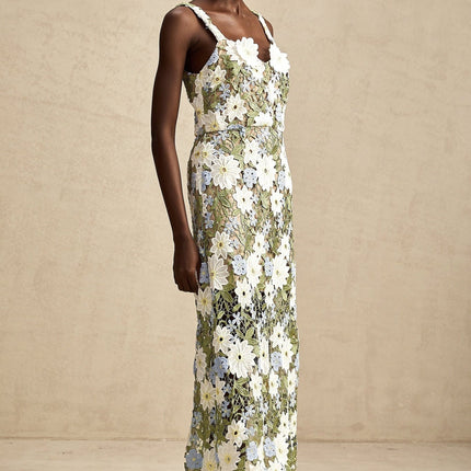 Pasquina Green Floral Midi Dress 100% Terylene Sweetheart Neckline Faux-Flower Embellishments Embroidery Detailing Hollow-Carved Design Midi Length Sophistication Charm Elegance Artistry Luxury Soiree Special Event Glamour Grace