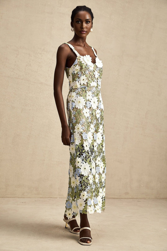 Pasquina Green Floral Midi Dress 100% Terylene Sweetheart Neckline Faux-Flower Embellishments Embroidery Detailing Hollow-Carved Design Midi Length Sophistication Charm Elegance Artistry Luxury Soiree Special Event Glamour Grace