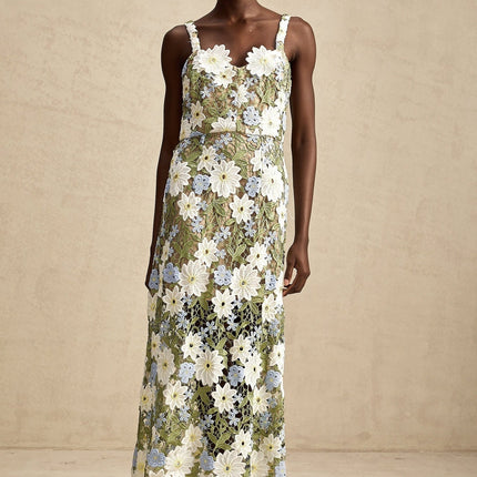 Pasquina Green Floral Midi Dress 100% Terylene Sweetheart Neckline Faux-Flower Embellishments Embroidery Detailing Hollow-Carved Design Midi Length Sophistication Charm Elegance Artistry Luxury Soirée Special Event Glamour Grace