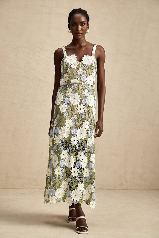 Pasquina Green Floral Midi Dress 100% Terylene Sweetheart Neckline Faux-Flower Embellishments Embroidery Detailing Hollow-Carved Design Midi Length Sophistication Charm Elegance Artistry Luxury Soirée Special Event Glamour Grace
