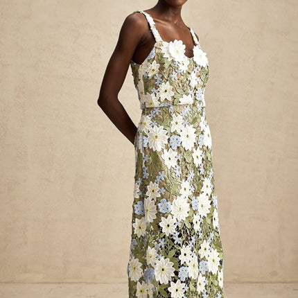 Pasquina Green Floral Midi Dress 100% Terylene Sweetheart Neckline Faux-Flower Embellishments Embroidery Detailing Hollow-Carved Design Midi Length Sophisticated Charm Luxury Soirée Special Event Glamour Grace