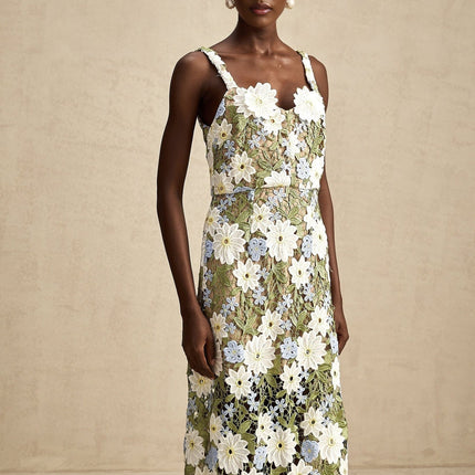 Pasquina Green Floral Midi Dress 100% Terylene Sweetheart Neckline Faux-Flower Embellishments Embroidery Detailing Hollow-Carved Design Midi Length Sophistication Charm Elegance Artistry Luxury Soirée Special Event Glamour Grace