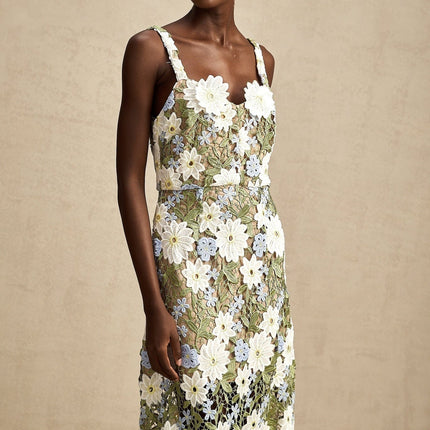 Pasquina Green Floral Midi Dress 100% Terylene Sweetheart Neckline Faux-Flower Embellishments Embroidery Hollow-Carved Design Midi Length Sophistication Charm Elegance Artistry Luxury Soirée Special Event Glamour Grace