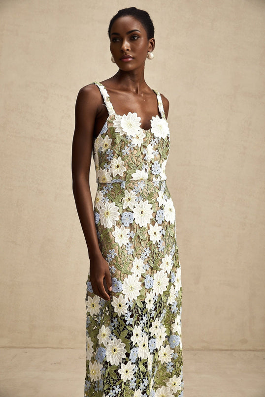 Pasquina Green Floral Midi Dress 100% Terylene Sweetheart Neckline Faux-Flower Embellishments Embroidery Hollow-Carved Design Midi Length Sophistication Charm Elegance Artistry Luxury Soirée Special Event Glamour Grace