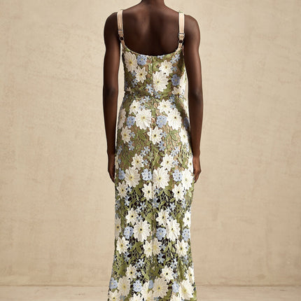 Pasquina Green Floral Midi Dress 100% Terylene Sweetheart Neckline Faux-Flower Embellishments Embroidery Detailing Hollow-Carved Design Midi Length Sophistication Charm Elegance Artistry Luxury Soirée Special Event Glamour Grace