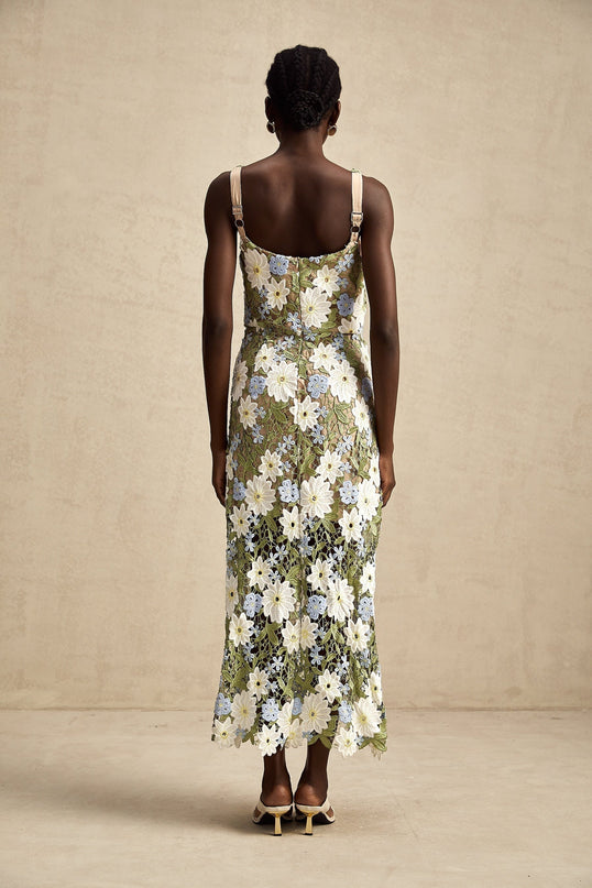 Pasquina Green Floral Midi Dress 100% Terylene Sweetheart Neckline Faux-Flower Embellishments Embroidery Detailing Hollow-Carved Design Midi Length Sophistication Charm Elegance Artistry Luxury Soirée Special Event Glamour Grace