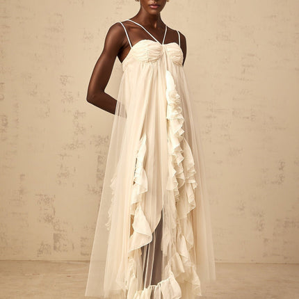 Pasquina Maxi Dress Neutrals Tulle Ruffled Spaghetti Straps Underwire Bra Elegant Graceful Sophisticated Comfortable Stylish Functional Special Occasions Fashion-forward