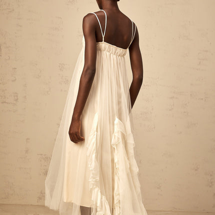 Pasquina Neutrals Maxi Dress in Tulle Fabric with Ruffled Detailing and Cross-Over Spaghetti Straps