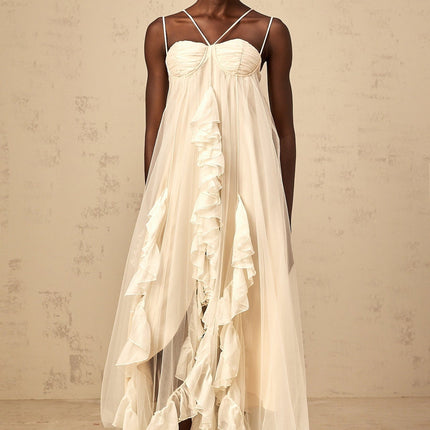Pasquina Neutrals Maxi Dress in Tulle with Ruffled Detailing and Spaghetti Straps