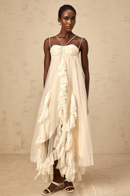 Pasquina Neutrals Maxi Dress in Tulle with Ruffled Detailing and Spaghetti Straps