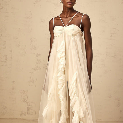 Pasquina Neutrals Maxi Dress in Tulle Fabric with Ruffled Detailing and Spaghetti Straps