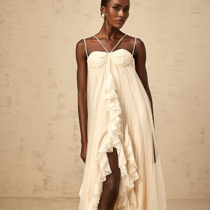 Pasquina Neutrals Maxi Dress Tulle Ruffled Spaghetti Straps Underwire Bra Layered Design Elegant Graceful Special Occasions Fashion Forward Wardrobe 100% Terylene Fiber