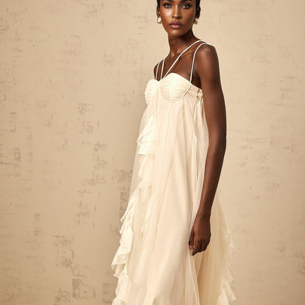 Pasquina Neutrals Maxi Dress with Ruffled Detailing and Spaghetti Straps