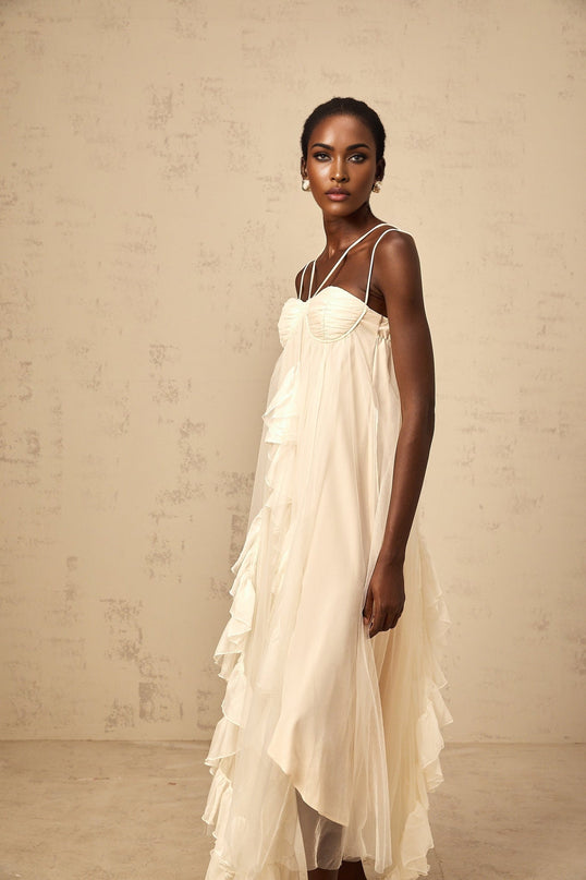 Pasquina Neutrals Maxi Dress with Ruffled Detailing and Spaghetti Straps
