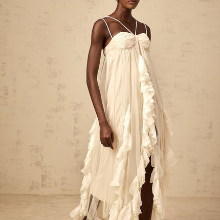 Pasquina Neutrals Maxi Dress with Ruffled Detailing and Cross-Over Spaghetti Straps