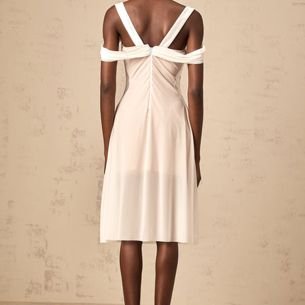 Pasquina White Midi Dress with Semi-Sheer Tulle Overlay and Ruched Detailing