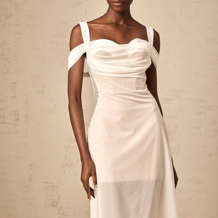 Pasquina White Midi Dress with Semi-Sheer Tulle Overlay and Ruched Detailing