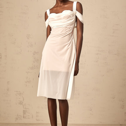 Pasquina White Tulle Overlay Midi Dress with Ruched Detailing and Boned Bodice