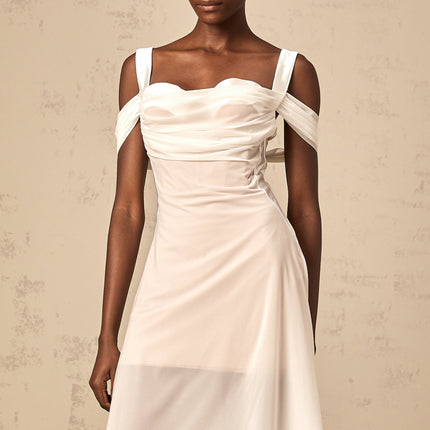 Pasquina White Tulle Overlay Ruched Midi Dress