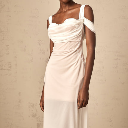 Pasquina White Tulle Overlay Ruched Midi Dress with Boned Bodice and Rear Zip Fastening