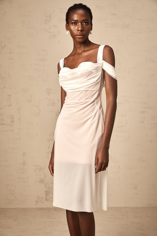 Pasquina White Tulle Overlay Ruched Midi Dress with Boned Bodice and Rear Zip Fastening